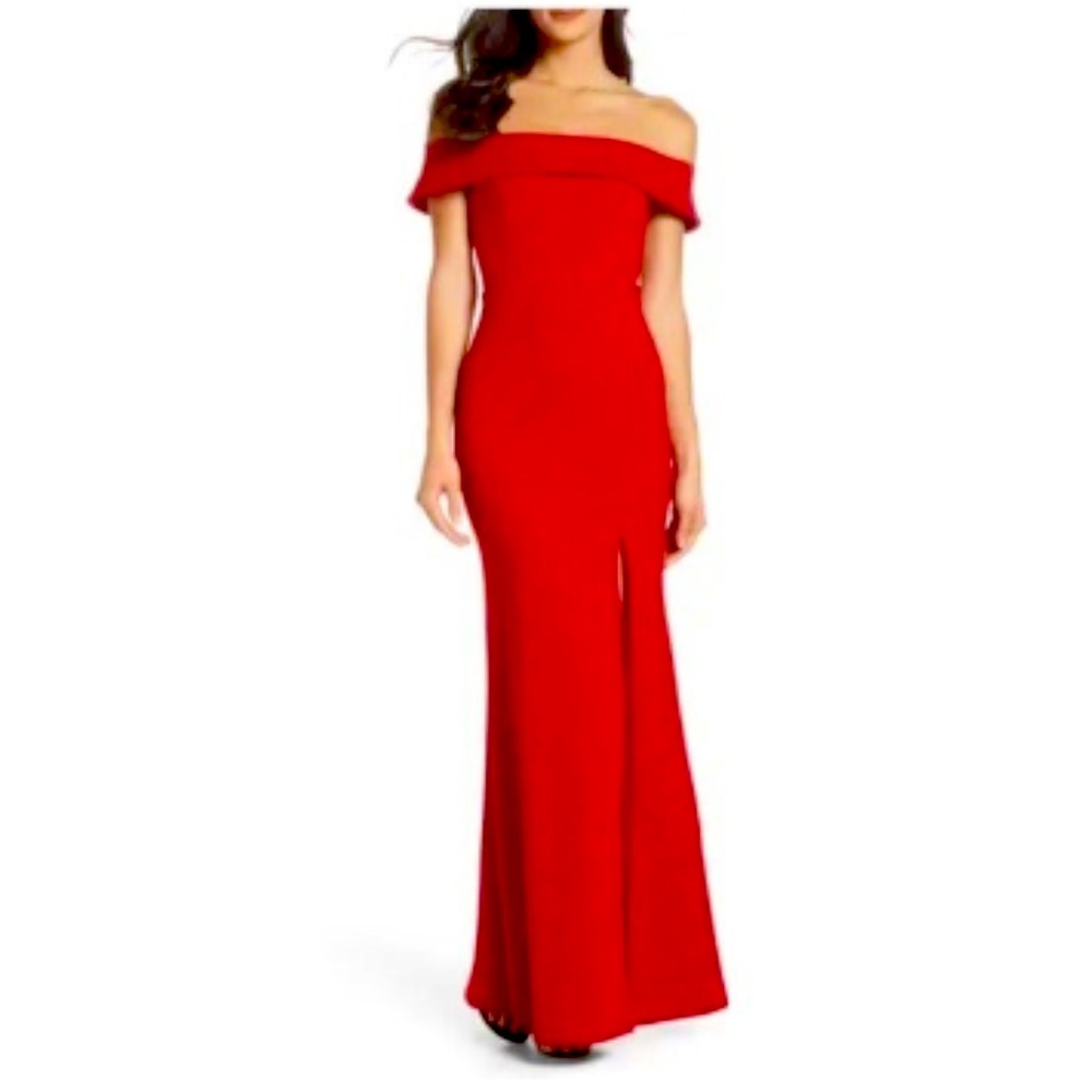 Lulus Aveline Crepe gown bright red off shoulder dress XL